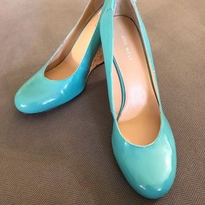 Nine West Teal Cork Wedge Pumps